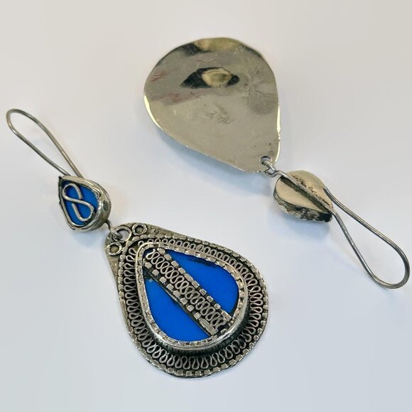 Blue Earrings, Boho, Afghan, Enameled, Big, 3" Long, Vintage Earrings, Silver - Picture 3 of 3